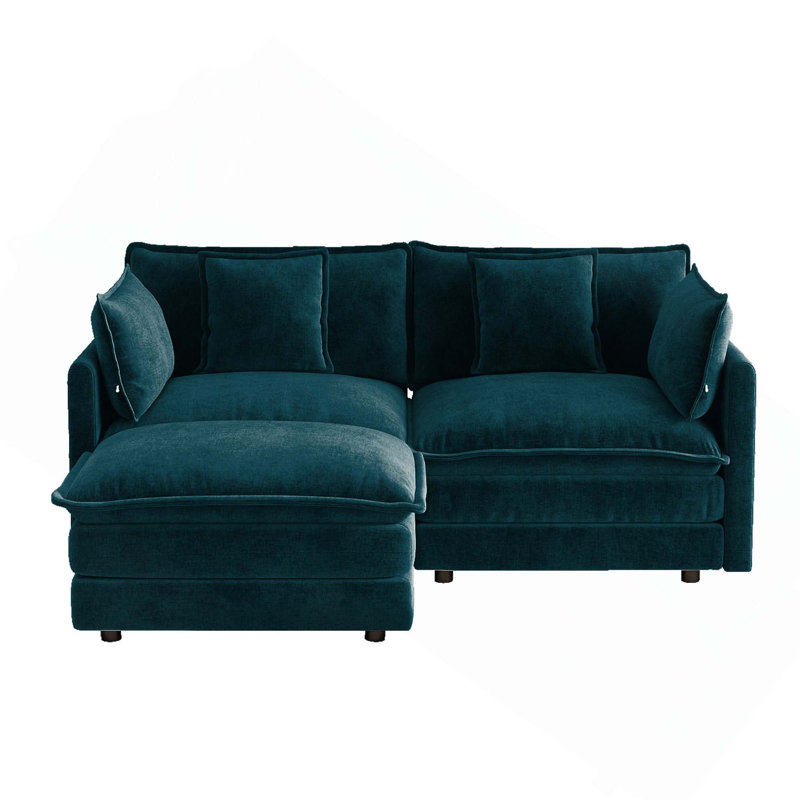 Canapé respirant à assise profonde et 2 coussins en chenille, Bleu (2 sièges avec 1 repose-pieds)