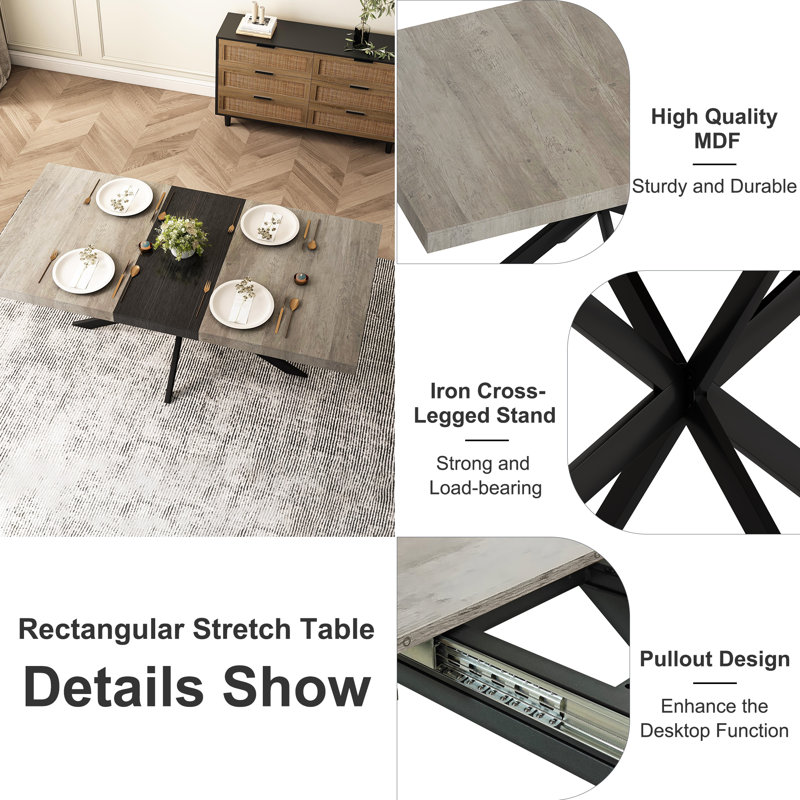 55-70in Rectangle Extendable Dining Table Set, Black, 9