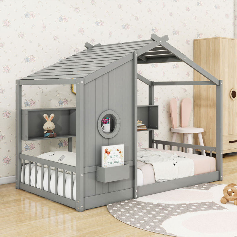 Lit sur pied avec tablette de rangement, gris, Simple