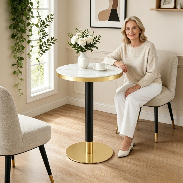 Panneau de fibres à densité moyenne rond de 23,6 po recouvert d'un comptoir de peinture UV, texture marbre, bordure en acier inoxydable, pieds de table en métal, table basse moderne et luxueuse.