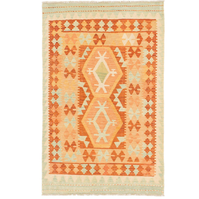 Tapis en laine rouge 3 pi x 4 pi 10 po one-of-kind à la main noué la new age Elland