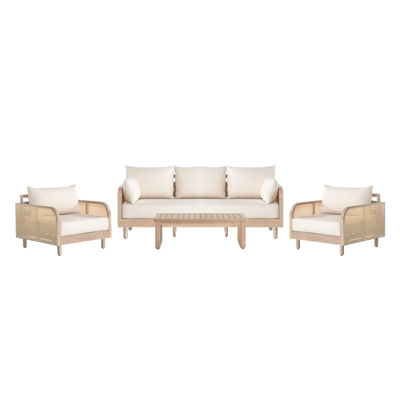 Ensemble de conversation d'extérieur 4 pièces Wavefront en eucalyptus naturel et corde avec coussins, Naturel / naturel