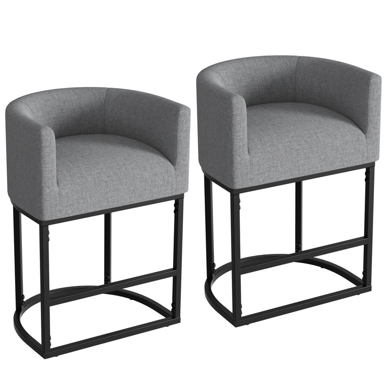 Stylish Barrel-Back Bar Stool with Cushioned Seat and Black Metal Frame, Light Gray