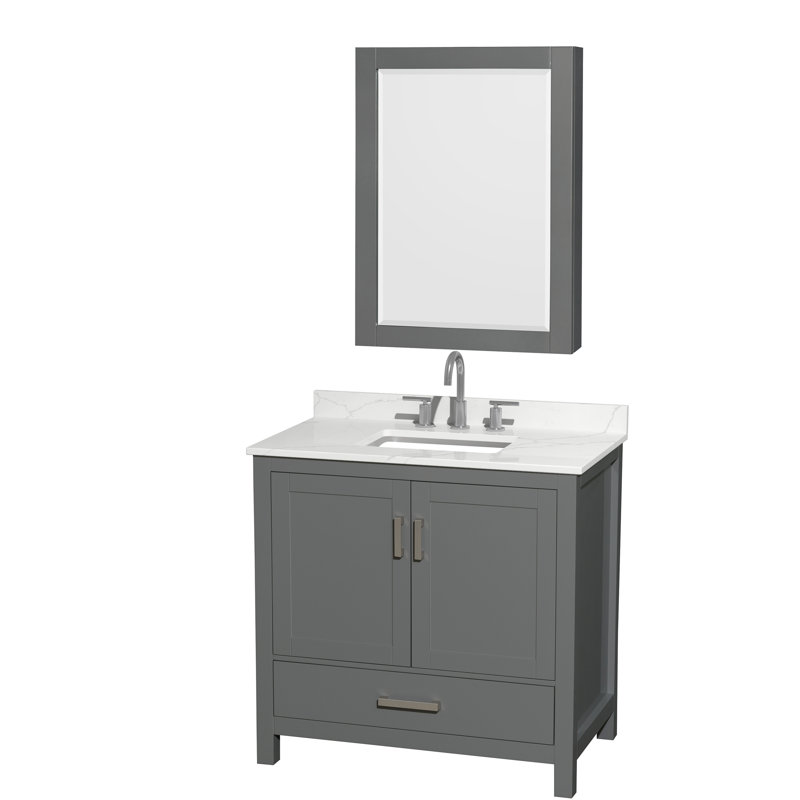 Meuble-lavabo simple 36 po avec comptoir en quartz et armoire à pharmacie Sheffield, Quartz blanc, Gris foncé, Chrome