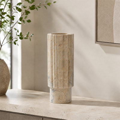 Vase en marbre massif naturel à rainures carrées – 11,5 cm, texture crème – Ornement décoratif floral de table luxueux