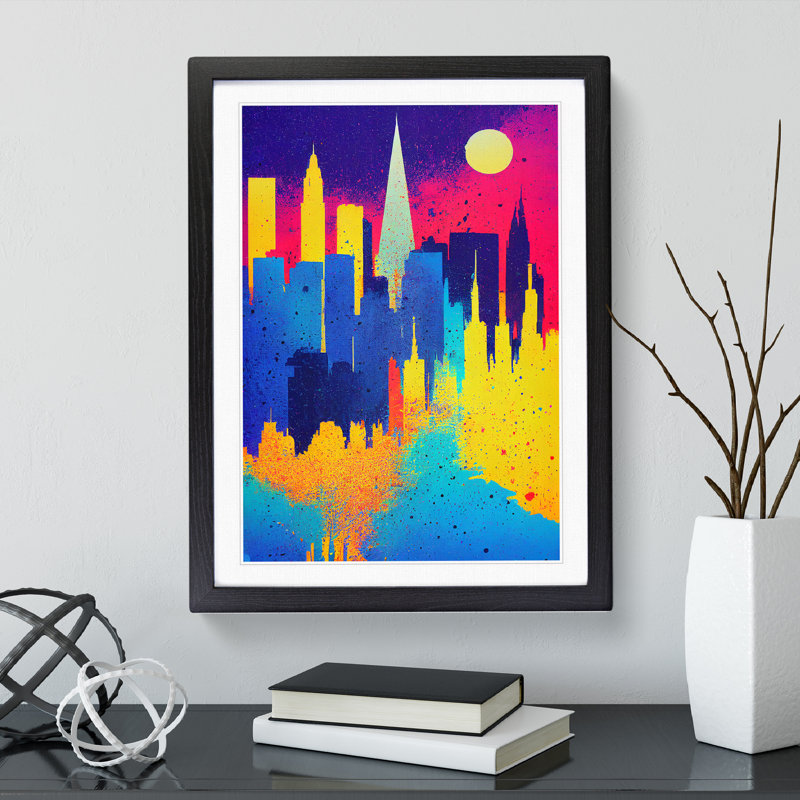 Colourful City Skyline No.1 - Painting, 66cm H x 48cm W x 2cm D, Black Framed, White