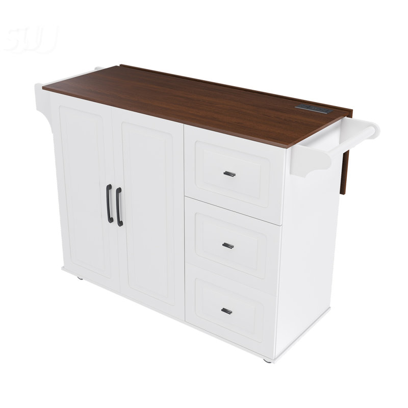 Chariot d'îlot de cuisine polyvalent avec plateau de table pliable, abattant et barre de petit-déjeuner mobile sur roulettes pour un rangement efficace et une utilisation de l'espace