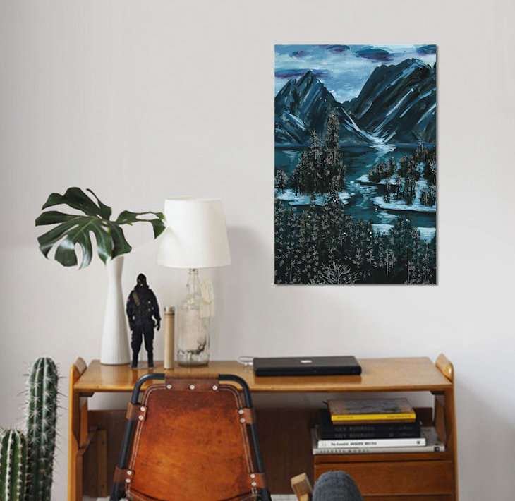 « mountainscape ii », reproduction de peinture à l’aquarelle sur toile tendue, H 60 po x l 40po x P 1,5 po, Toile tendue