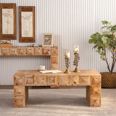 47.24" Rustic Geometric Relief Coffee Table - Solid Wood & MDF Rectangle Coffee Table With 3D Carved Details For Living Room