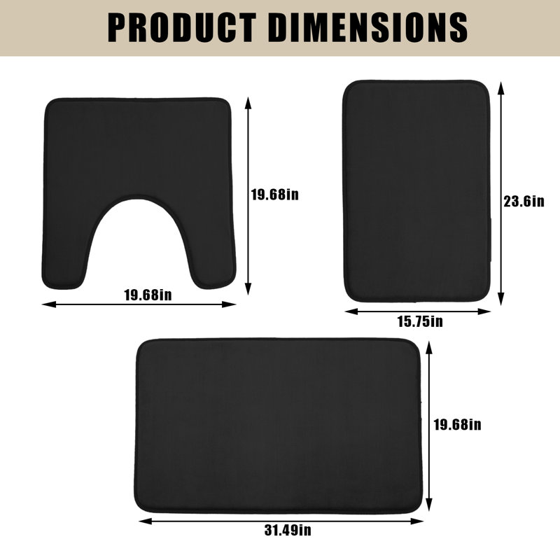Ensemble de tapis de salle de bain en mousse viscoélastique 3 pièces, tapis de bain en flanelle antidérapante avec tapis de toilette en forme de U, noir
