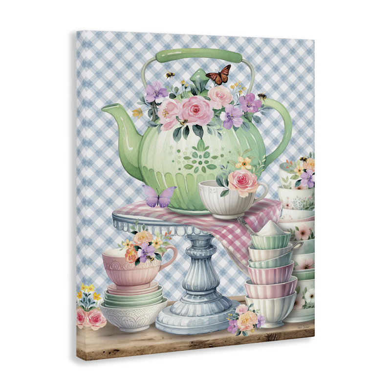 «Tea Kettle on Gingham», art mural sur toile par Nicole DeCamp, H 40 po x l 30 po