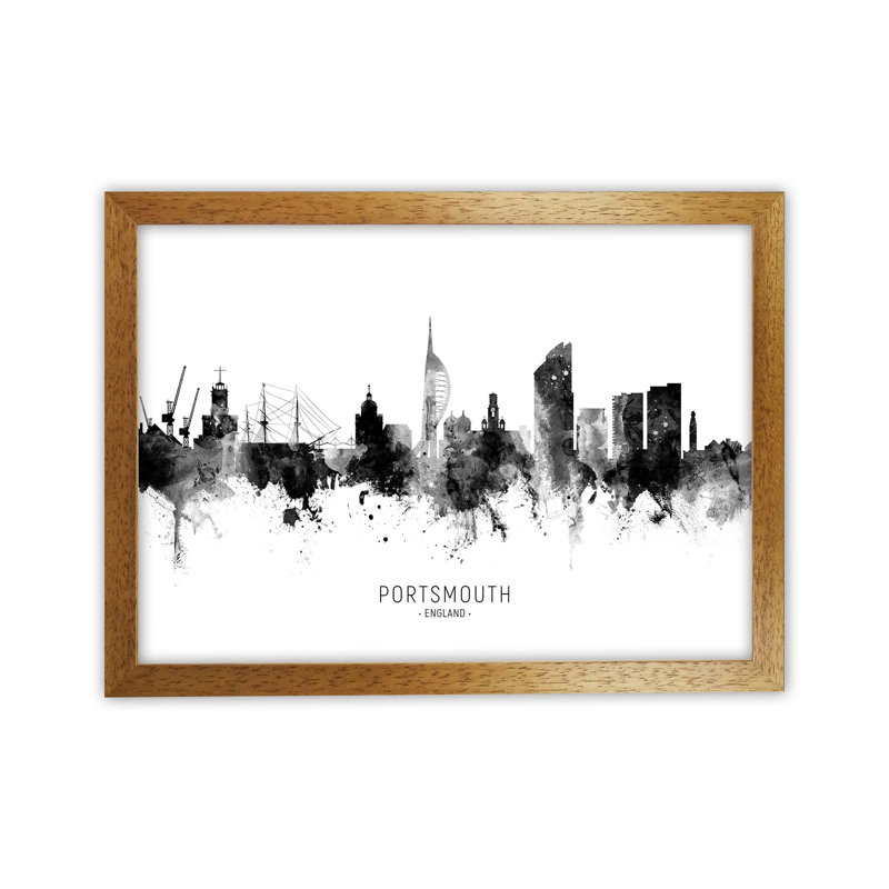 Portsmouth England Skyline Black White City Name by Michael Tompsett - Print, 46cm H x 63cm W x 3cm D, Brown Framed