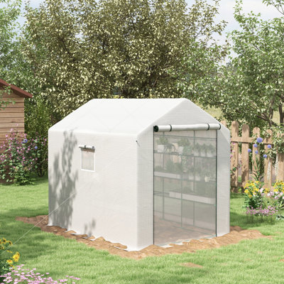 Serre de plain-pied 2,44 m x 1,83 m x 2,13 m, avec protection et porte grillagée, 18 étagères pour fleurs, herbes aromatiques, légumes, jeunes plants, bâche blanche, protection optimale, fenêtres pour la plantation de jeunes plants.