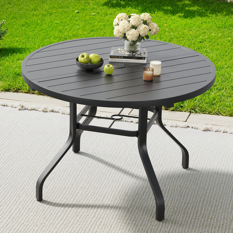 41" Round Outdoor Dining Table, Metal Patio Table with 1.57" Umbrella Hole, Wood-Like Grain Weather-Resistant Outdoor Table for Backyard, Poolside, Garden