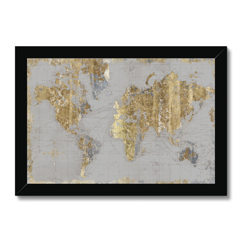 Gilded Map Light Grey by Wild Apple Portfolio - Print, Black Framed Paper Print, 34cm H x 50cm W