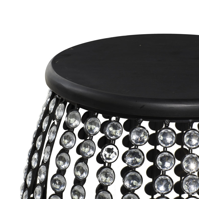 Glam Black Iron and Wood Round Accent Table with Crystal Embellishments