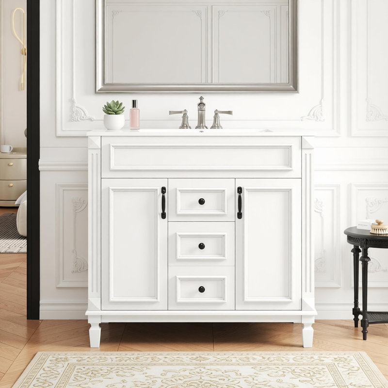 Meuble-lavabo 36 po avec lavabo supérieur, armoire de rangement moderne avec 2 portes à fermeture douce et 2 tiroirs, meuble-lavabo simple 