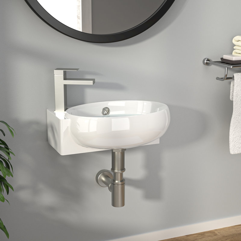 Lavabo de salle de bain mural 16 po x 11 po, petit lavabo mural ovale en céramique avec trop-plein, compatible avec robinet à un trou, blanc