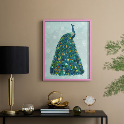 «Christmas Peacock Christmas Tree», reproduction encadrée - bois massif