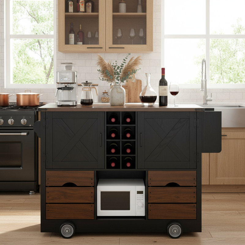 Kitchen Island With Outlet And Drop Leaf, Modern Farmhouse Style Rolling Cart With Barn Door & Wine Rack, Black