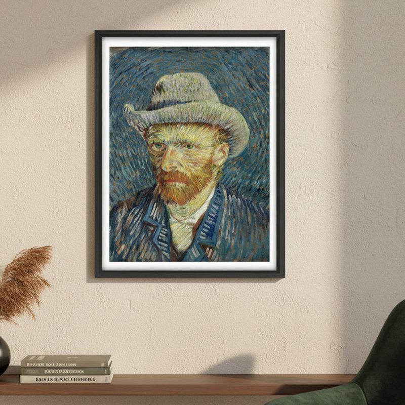 Self-portrait with a gray felt hat, 10" H x 8" W, Black Metal Floater Framed