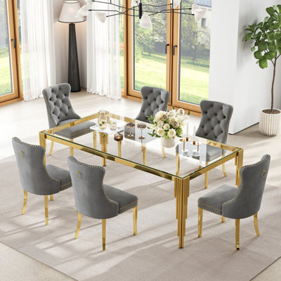 7-Piece Dining Table Set, 80" Rectangular Tempered Glass Dining Table, Stainless Steel Round Tube Legs, 6 Velvet Upholstered Dining Chairs With Tufted Nailhead Accents And Stainless Steel Frame