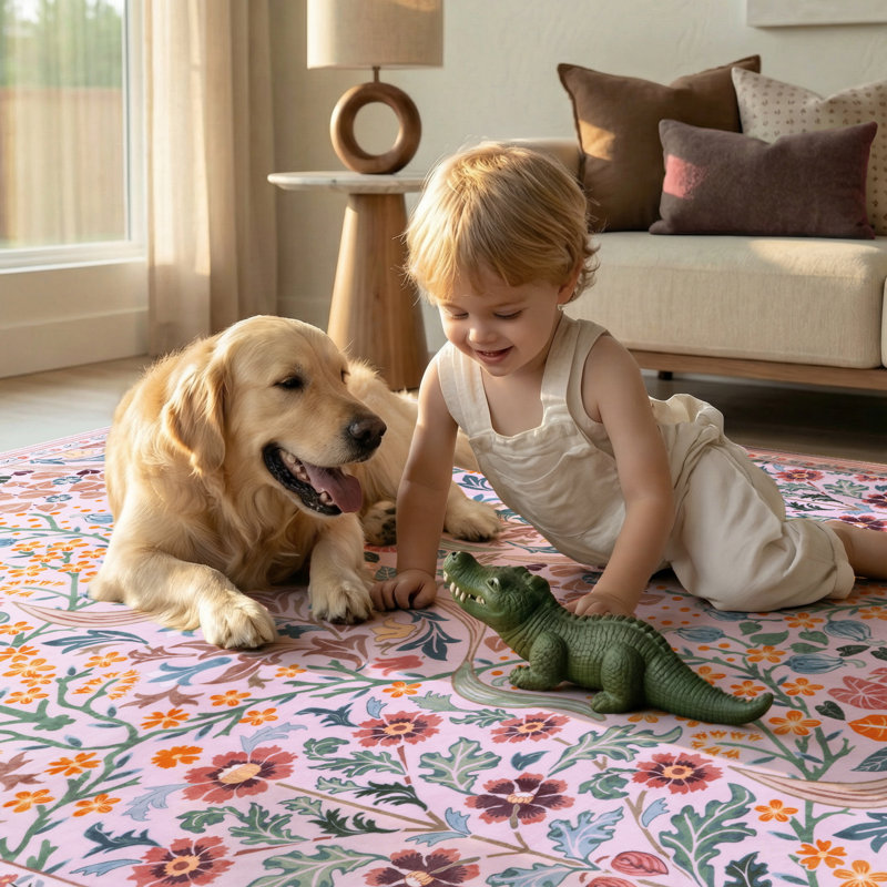 Tapis lavable à motif floral Kaldi, Rectangulaire 8 pi x 10 pi, Rose