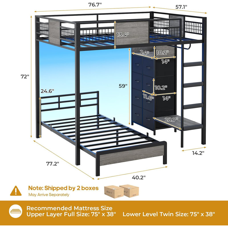 Bunk Bed Twin Over Twin Size With 8 Storage Drawers, Led Lights And Storage Shelves, Metal Loft Bed, Black/Gray