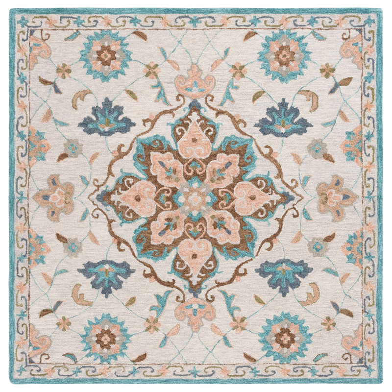 Kardell Blossom Hand Tufted Wool Cotton Floral Rug in Blue/Beige, Square 6'