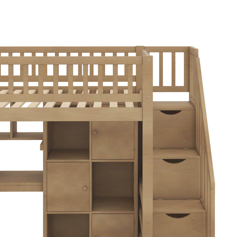 Lit surélevé en bois pour lit simple avec bureau, éclairage à DEL, supports de rangement et armoires, Noyer