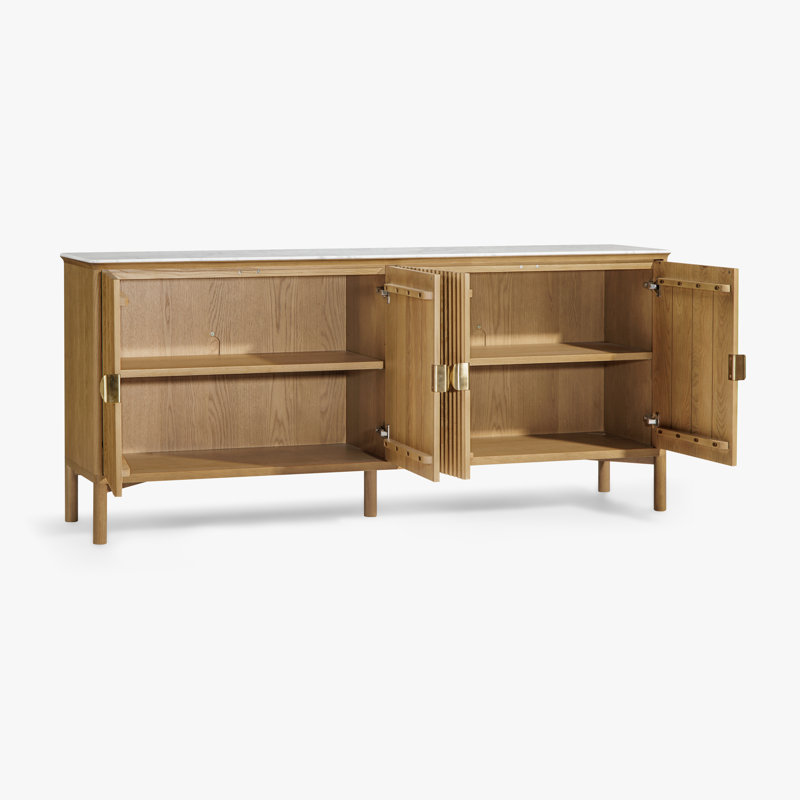 Buffet olive 4 portes, plateau en marbre Carrera