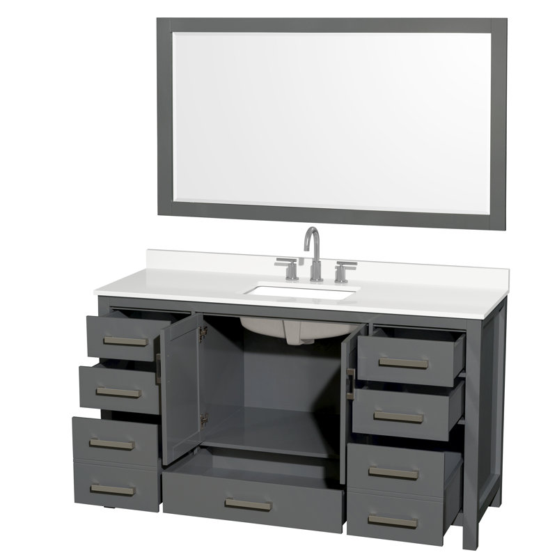 Sheffield 60" Freestanding Single Bathroom Vanity with Quartz Top with 58" Mirror, White Quartz, Dark Gray, Chrome