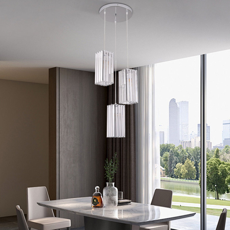 Luminaire suspendu moderne en verre 3 lumières à hauteur réglable, Argent argent