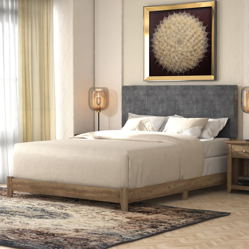 Arinola Upholstered Platform Bed, Knotty Oak/Velvet Gray