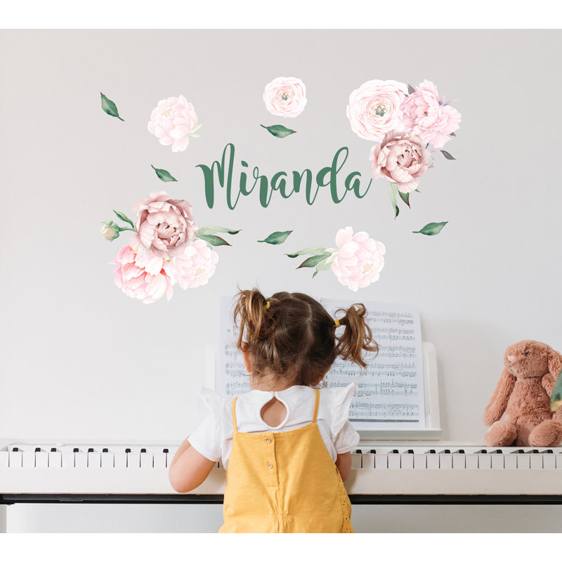 Aquarelle fleurs de pivoines avec décalcomanie murale fille, H 22 po x 35 po, H 22 po x l 35 po