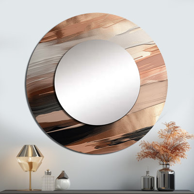 Procto or rose et formes roses en contemporain II - miroir décoratif abstrait, miroir mural rond doré, impression d'art en métal