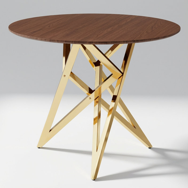 Compact Round Dining Table with Metal Legs, Walnut, Gold