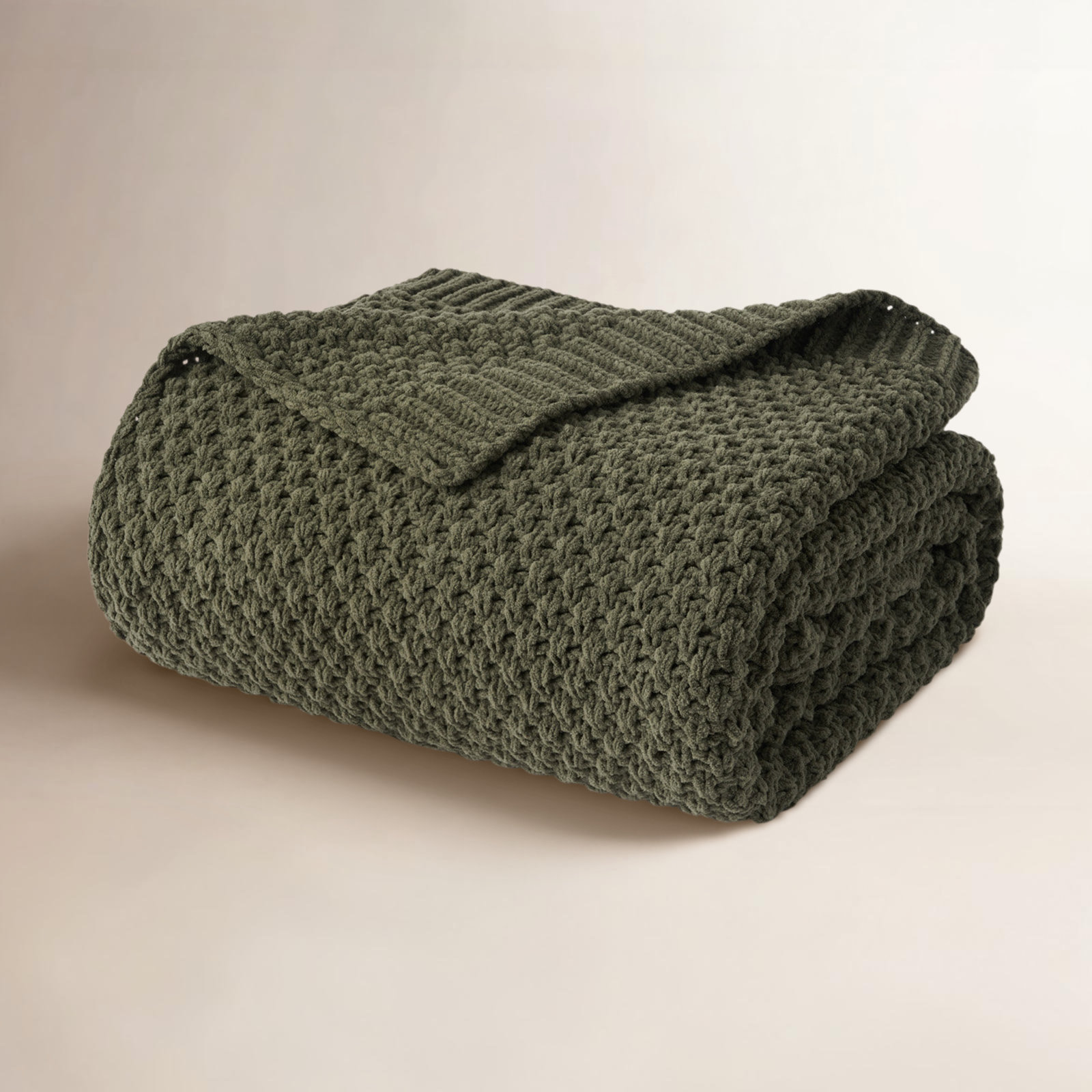 Chunky Chenille Knit Throw Blanket, Olive Green, 60" L x 50" W