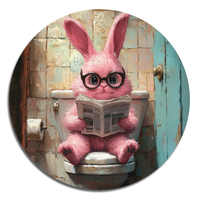 Lapin lisant les nouvelles dans la toilette II - impression d'art moderne rose en métal, H 16 po x l 16 po