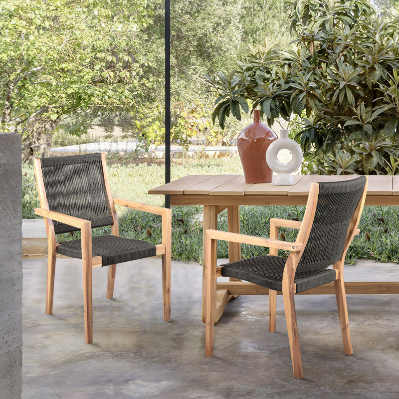 Chaises de patio d'extérieur modernes, bois d'eucalyptus et corde gris anthracite, ensemble de 2