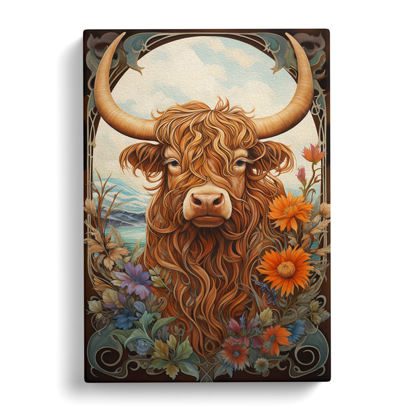 Highland Cow Art Deco Art - Wrapped Canvas, 50cm H x 35cm W x 3cm D