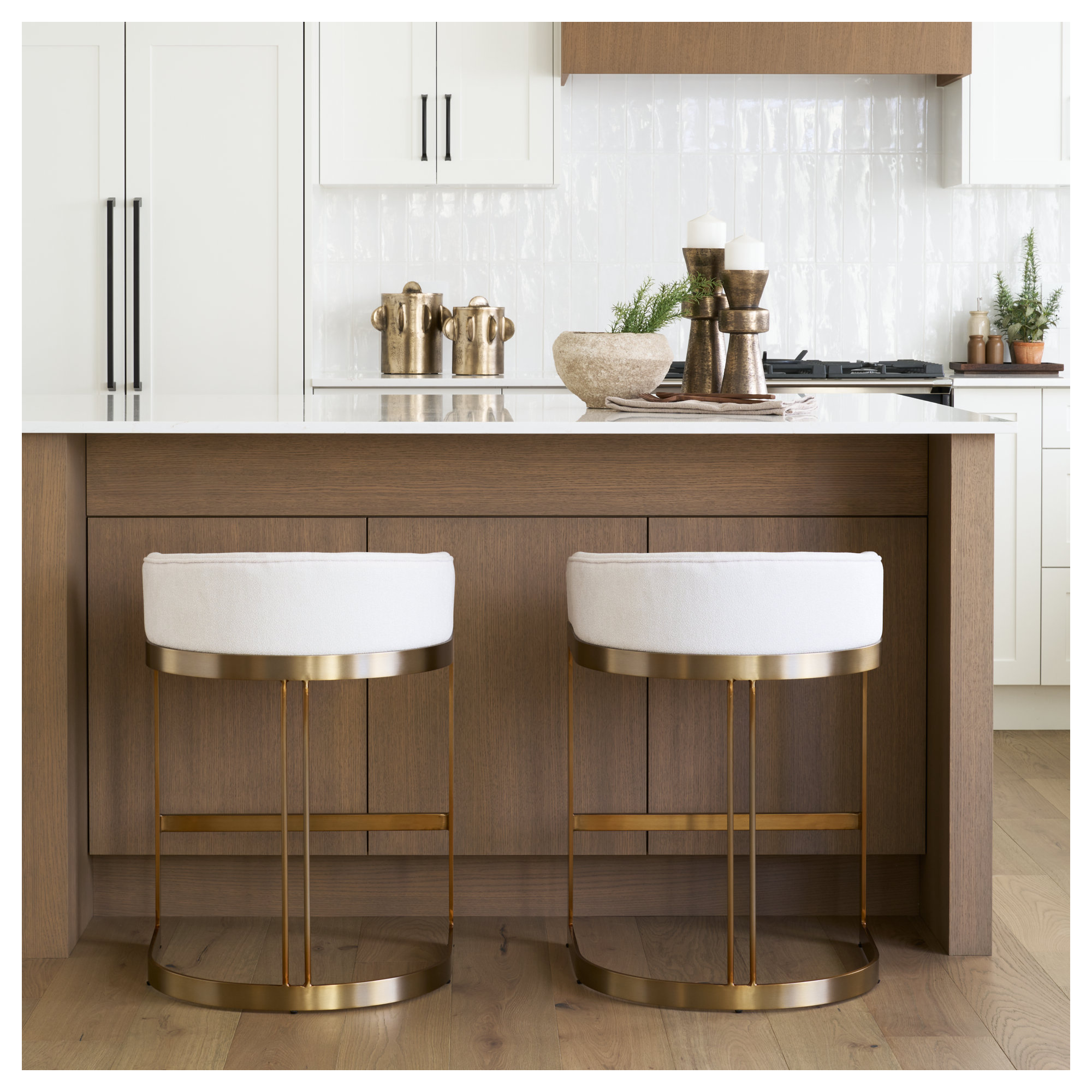 Bradley Upholstered Bar & Counter Stool, Gold, Counter Stool (24.75" Seat Height), White Performance