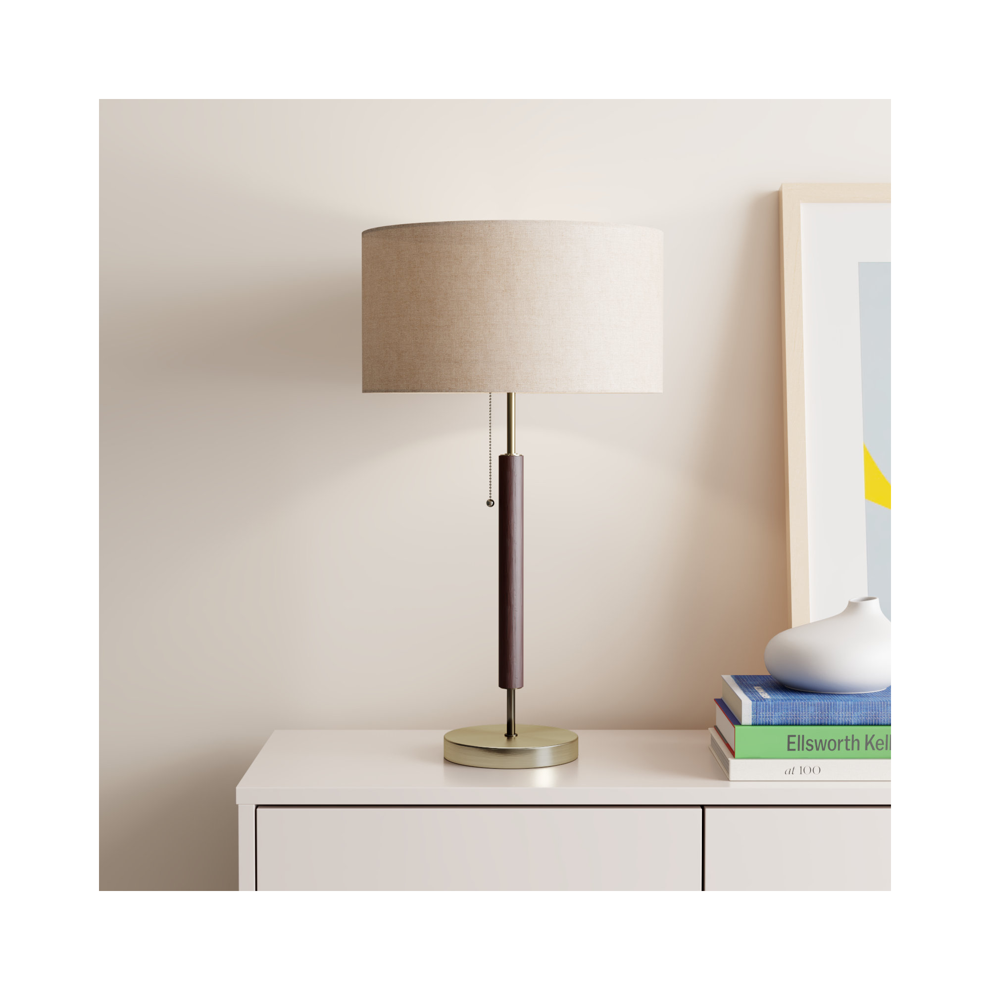 Fernando Table Lamp, Walnut Eucalyptus/Antique Brass, Gray