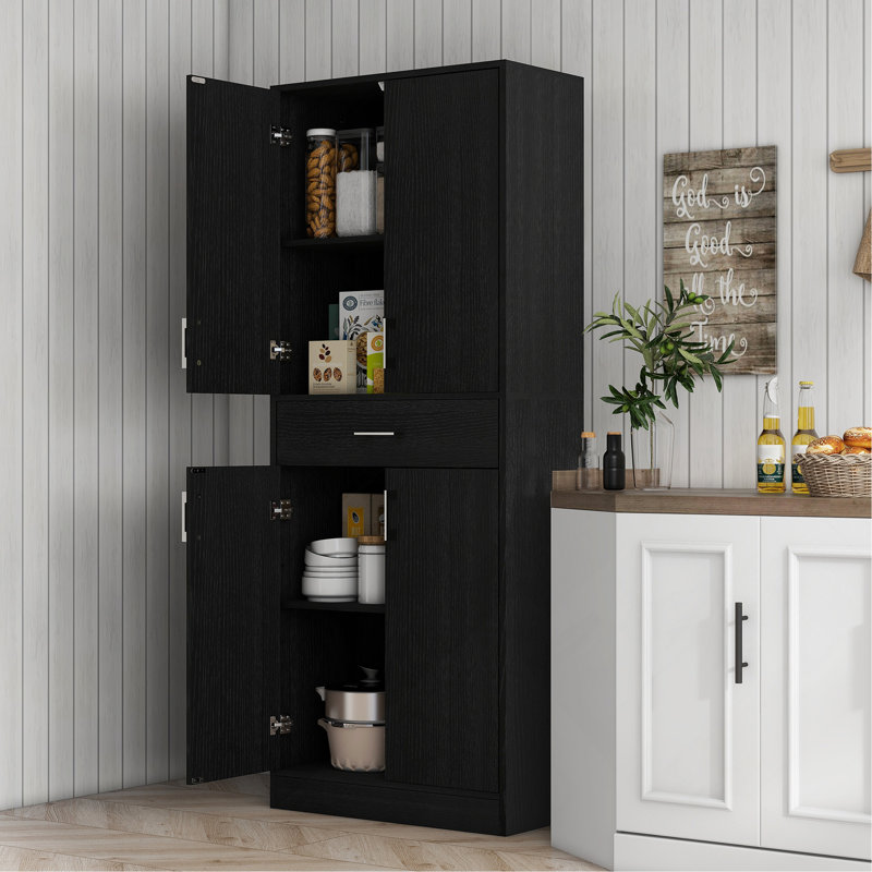 Garde-manger 71 po avec tiroir et tablette réglable, armoire de rangement autoportante haute avec 2 armoires à double porte, noir patiné