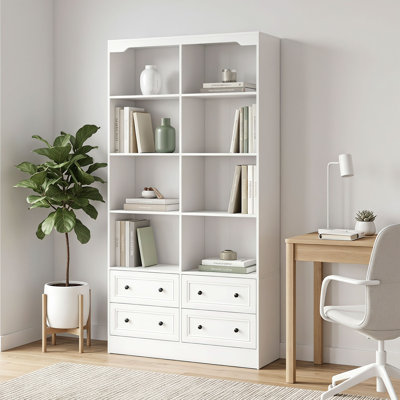 Bibliothèque à 5 niveaux avec 8 niches et 4 tiroirs, blanche