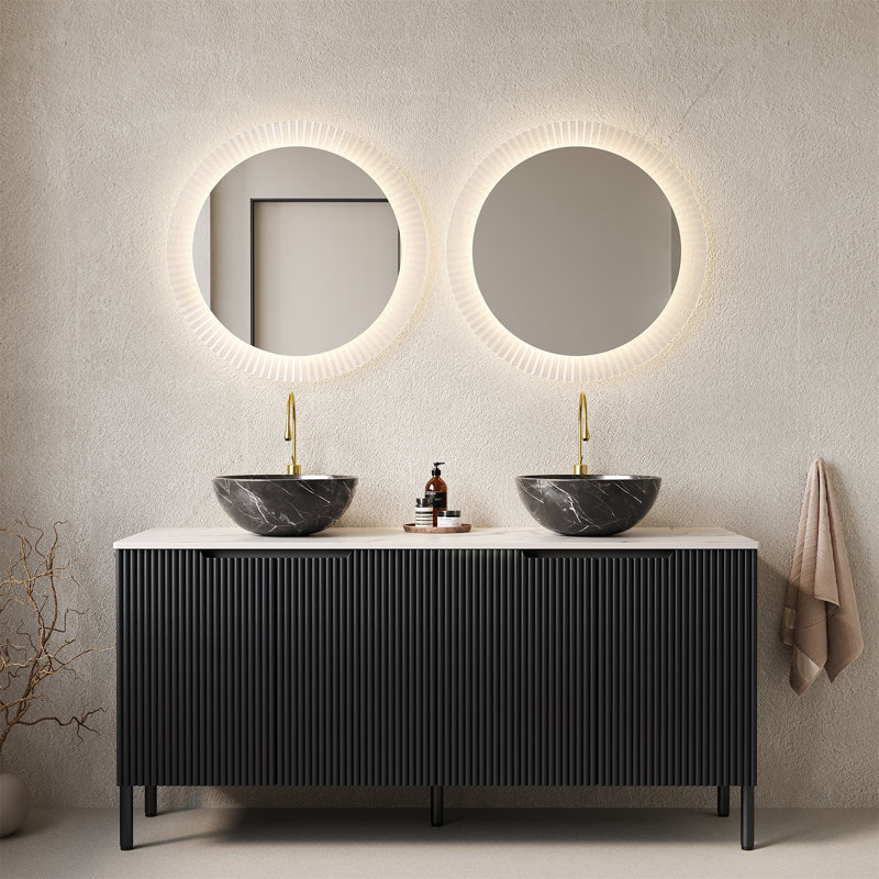 Meuble-lavabo de 60 po avec éviers, meuble de rangement autoportant avec 4 portes, 2 lavabos en céramique à motif de pierre et plateau en pierre frittée blanc de Carrare, sans couleur de robinet