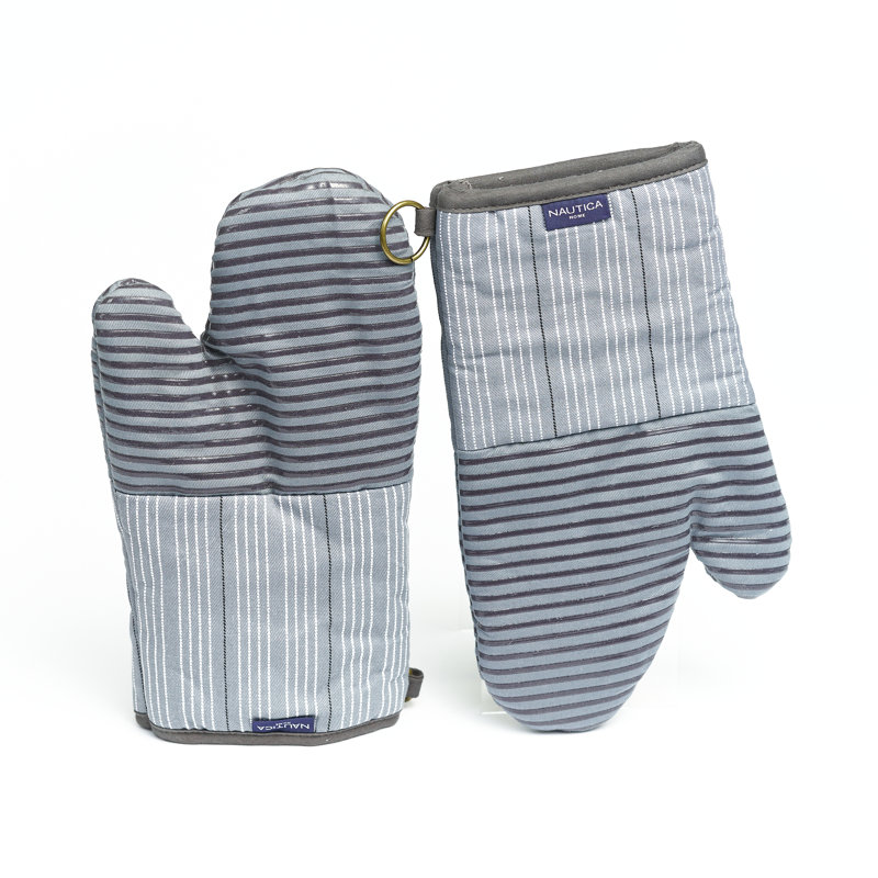 Gray Striped Cotton Oven Mitts with Silicone Grip Set