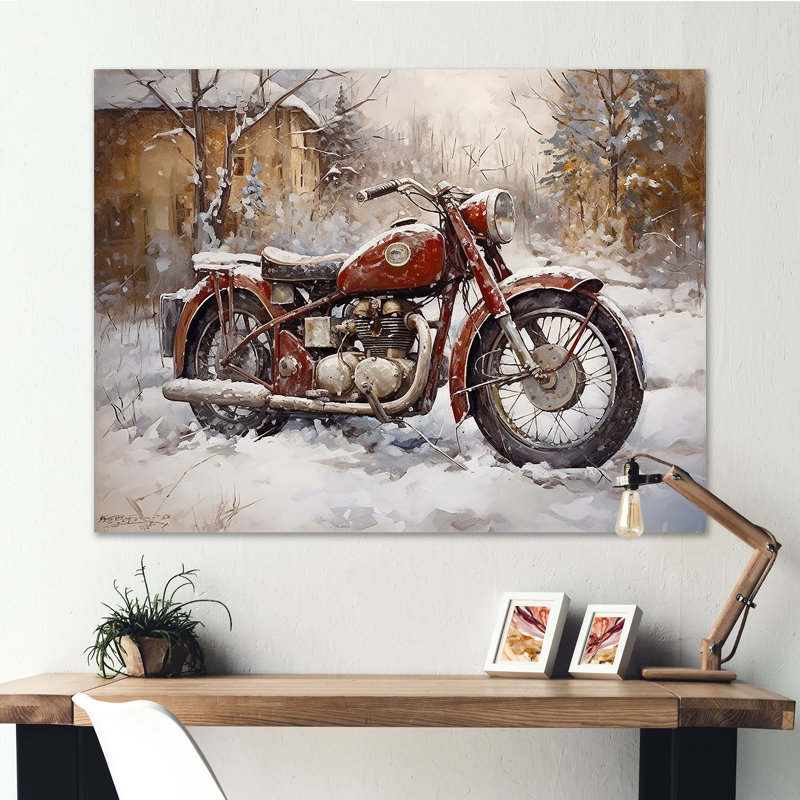 Vélo rouge rustique en hiver, H 24 po x l 32 po x P 1 po, Toile tendue