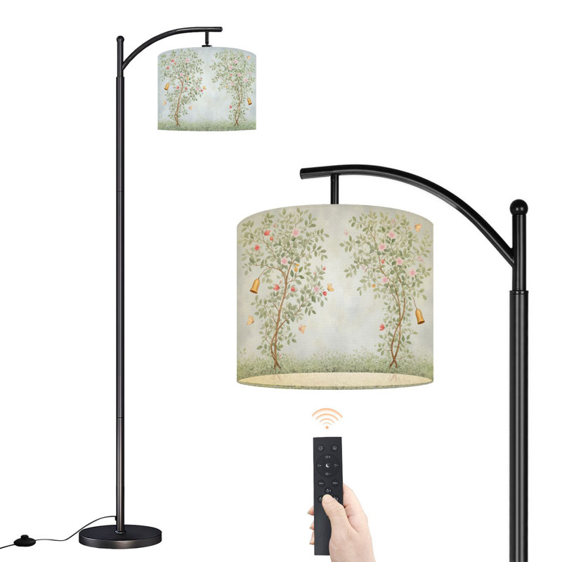 Lampe sur pied à arc avec abat-jour réglable avec vignes florales, fleurs roses, lampe sur pied, bleu doux, 3 températures de couleur, intensité variable, lampe sur pied avec interrupteur au pied pour la chambre à coucher