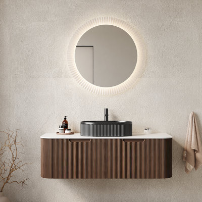 Meuble-lavabo de salle de bain de 122 cm (48 po), structure en contreplaqué, lavabo en céramique noire, 2 tiroirs, couleur noyer foncé, glissières à fermeture amortie, rangements intégrés, préassemblé, style moderne, grand espace de rangement